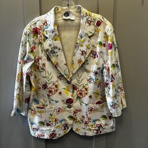 DG2 Diane Gilman Blazer Jacket Womens Large White Floral Embellished 3/4 Sleeves